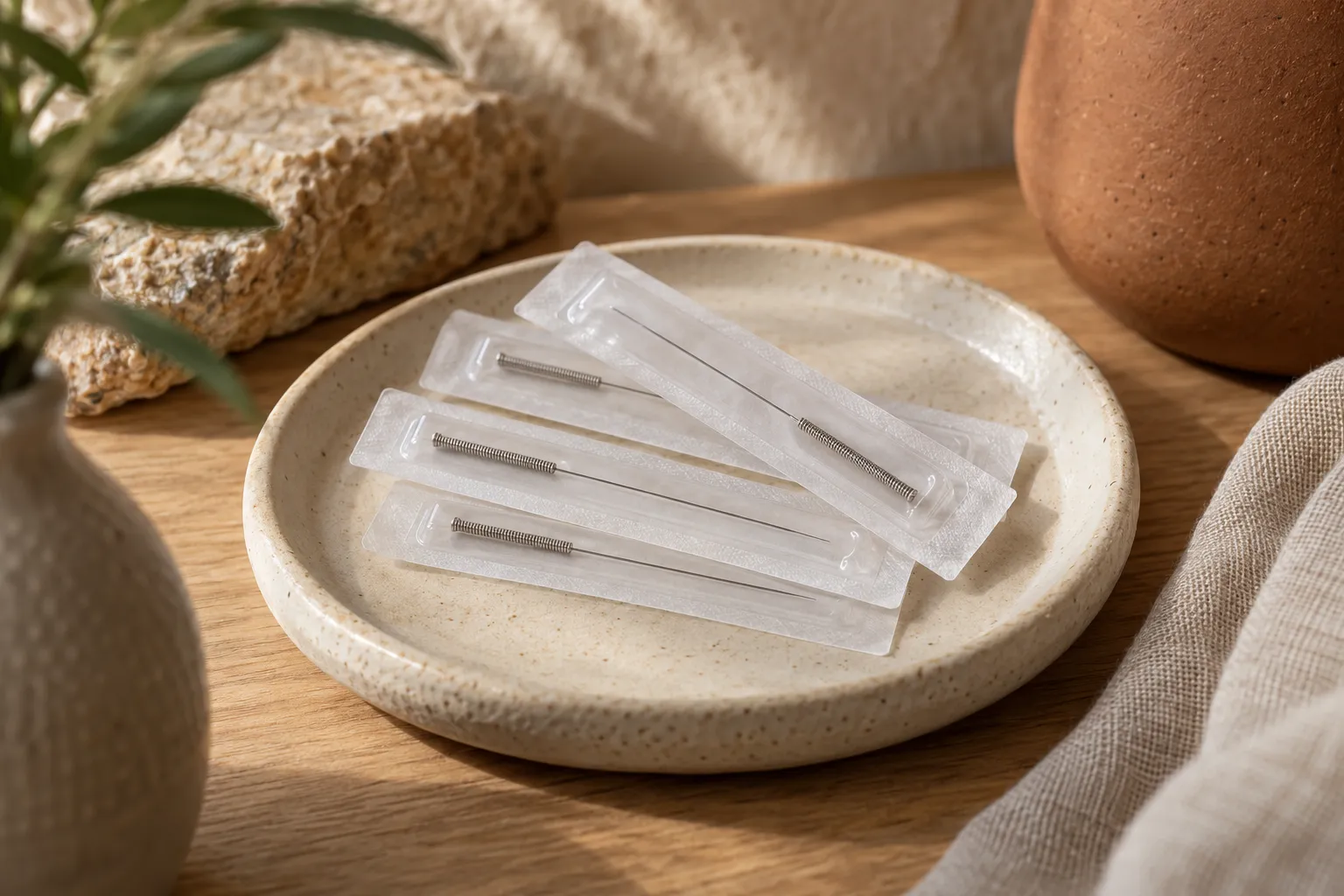 Sealed packs of sterile single-use dry needles on a clean steel tray