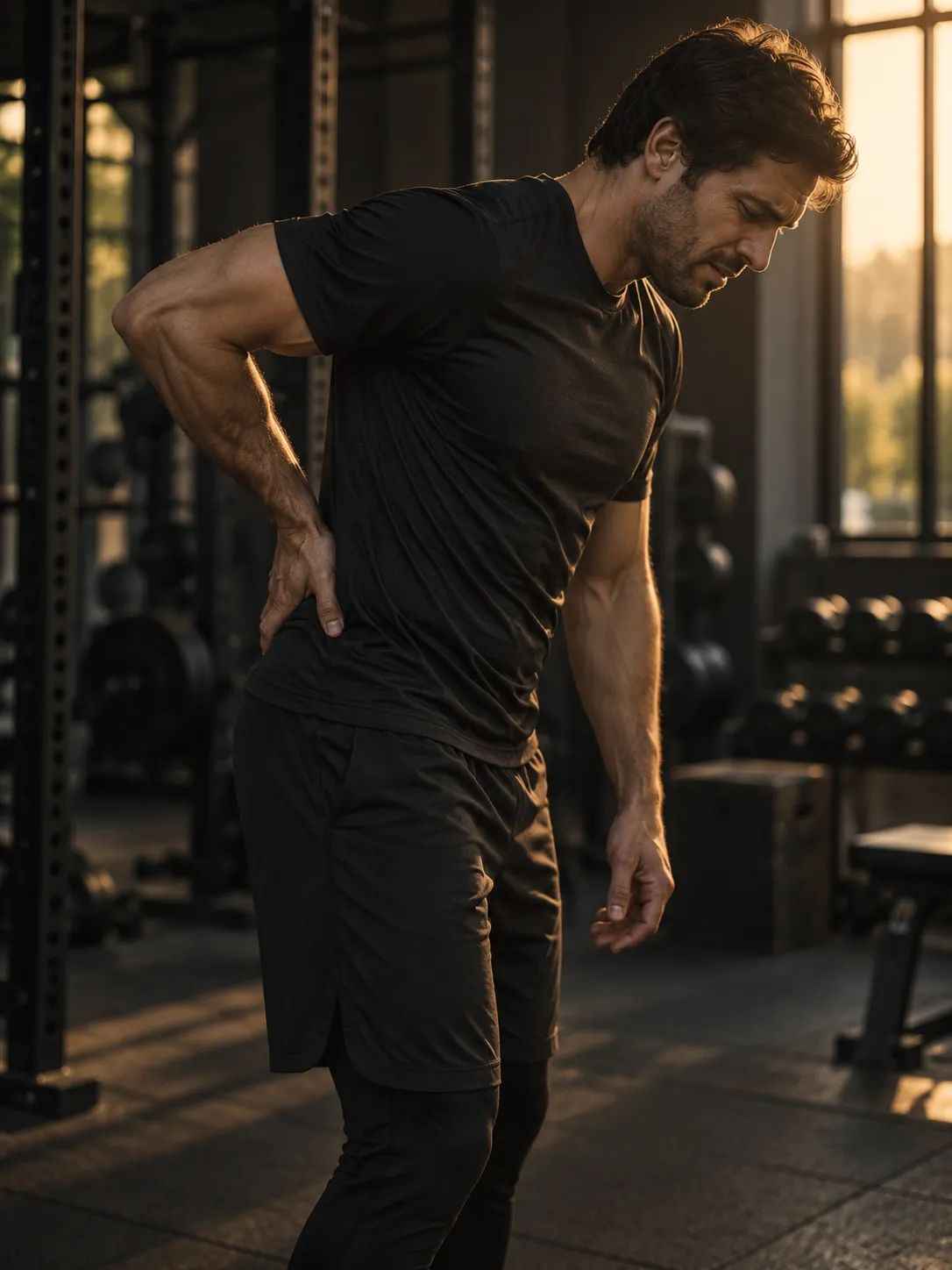 A man in a dark gym bent forward with a hand on his lower back