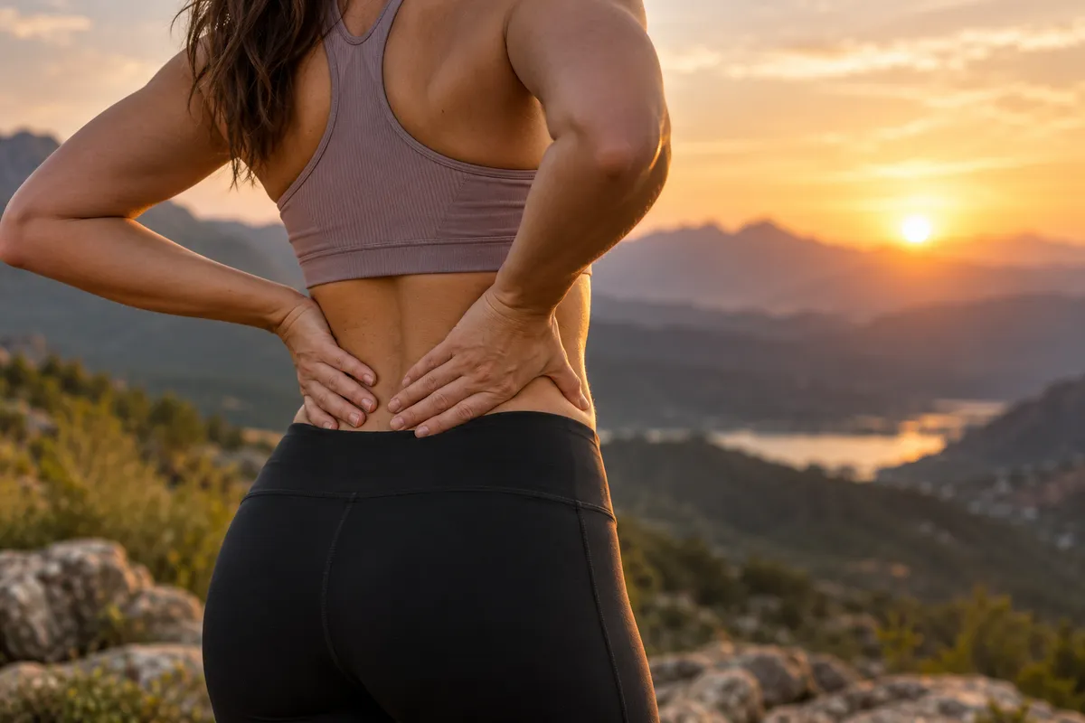 A woman in workout clothes holding her lower back