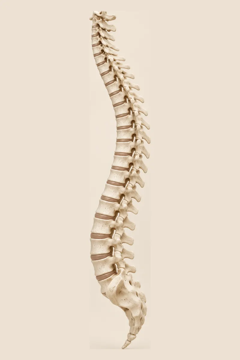 Anatomical model of the whole human spine, turning as you scroll to show its natural S-curve from every side