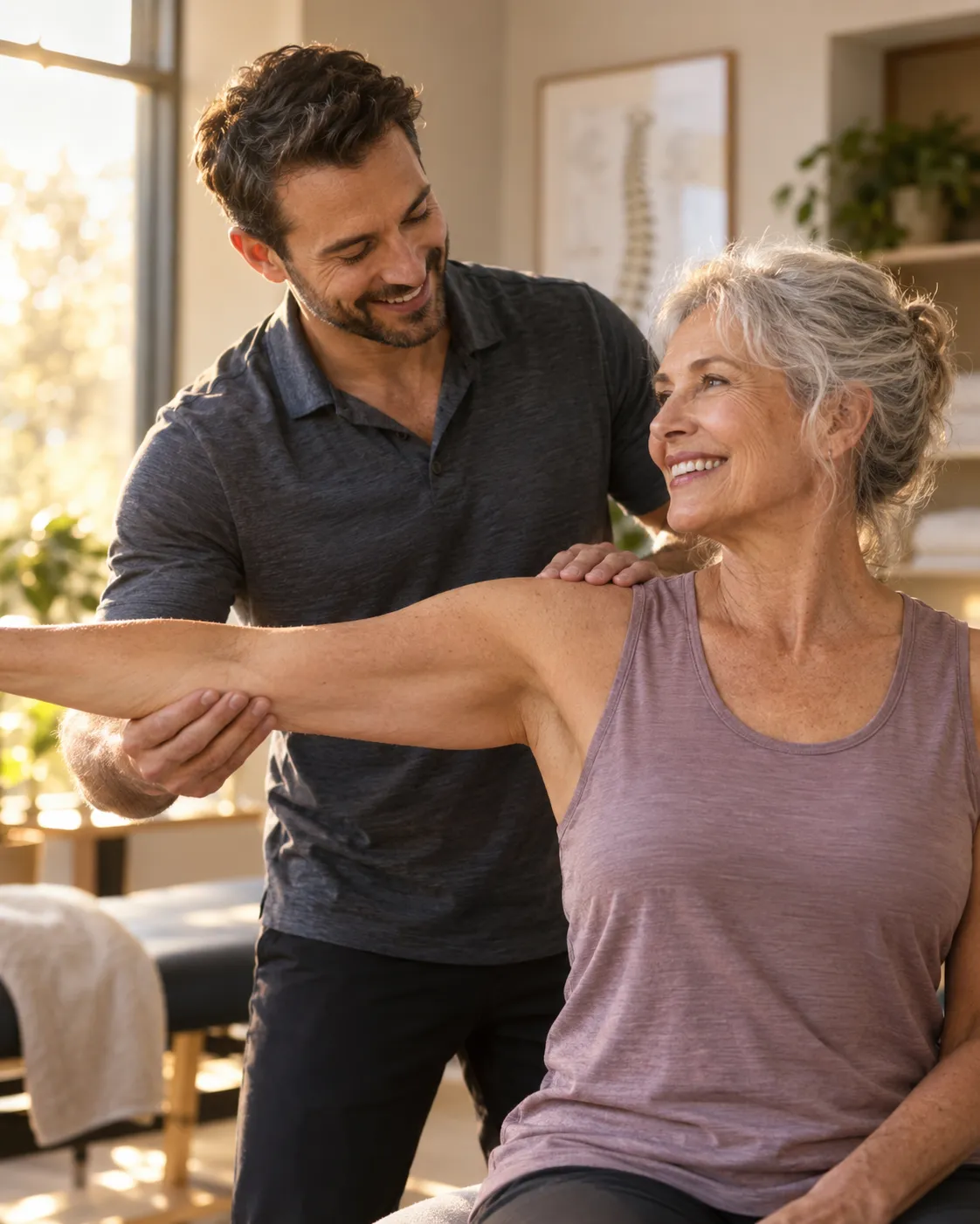A chiropractor gently assessing an older woman